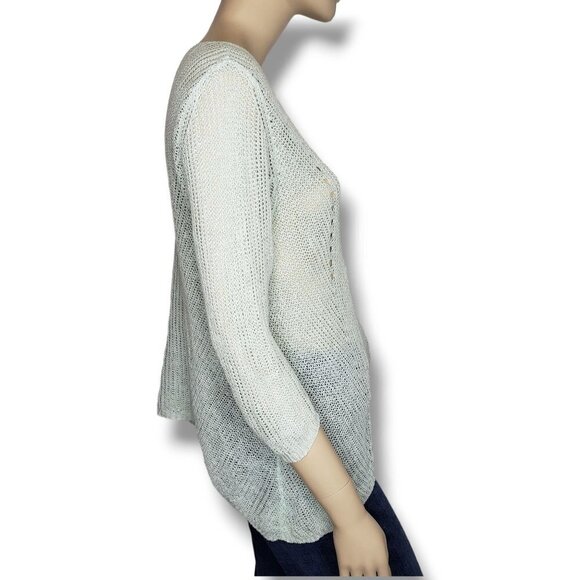 Eileen Fisher Organic Linen Sweater Womens Medium Green Open Knit Pullover - Picture 3 of 7